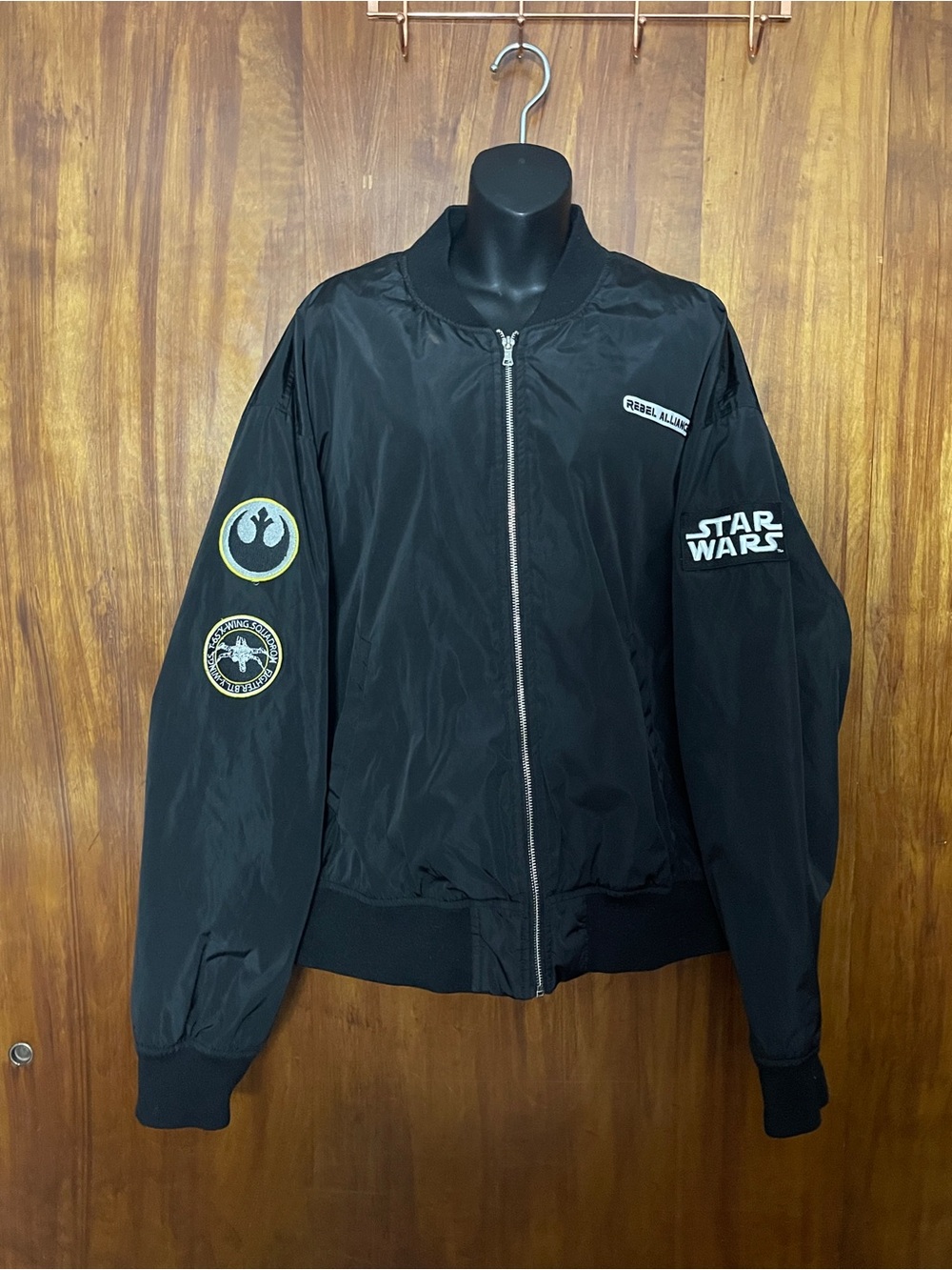Star Wars Rebel Alliance Flight Bomber Jacket 2XL Black Satin X-Wing Patch - Picture 1 of 7